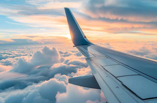 海外畢業旅行搭飛機出國 從觀景窗遠眺機翼、夕陽與美麗雲海景觀