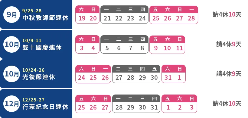 2026年9-12月連假行事曆